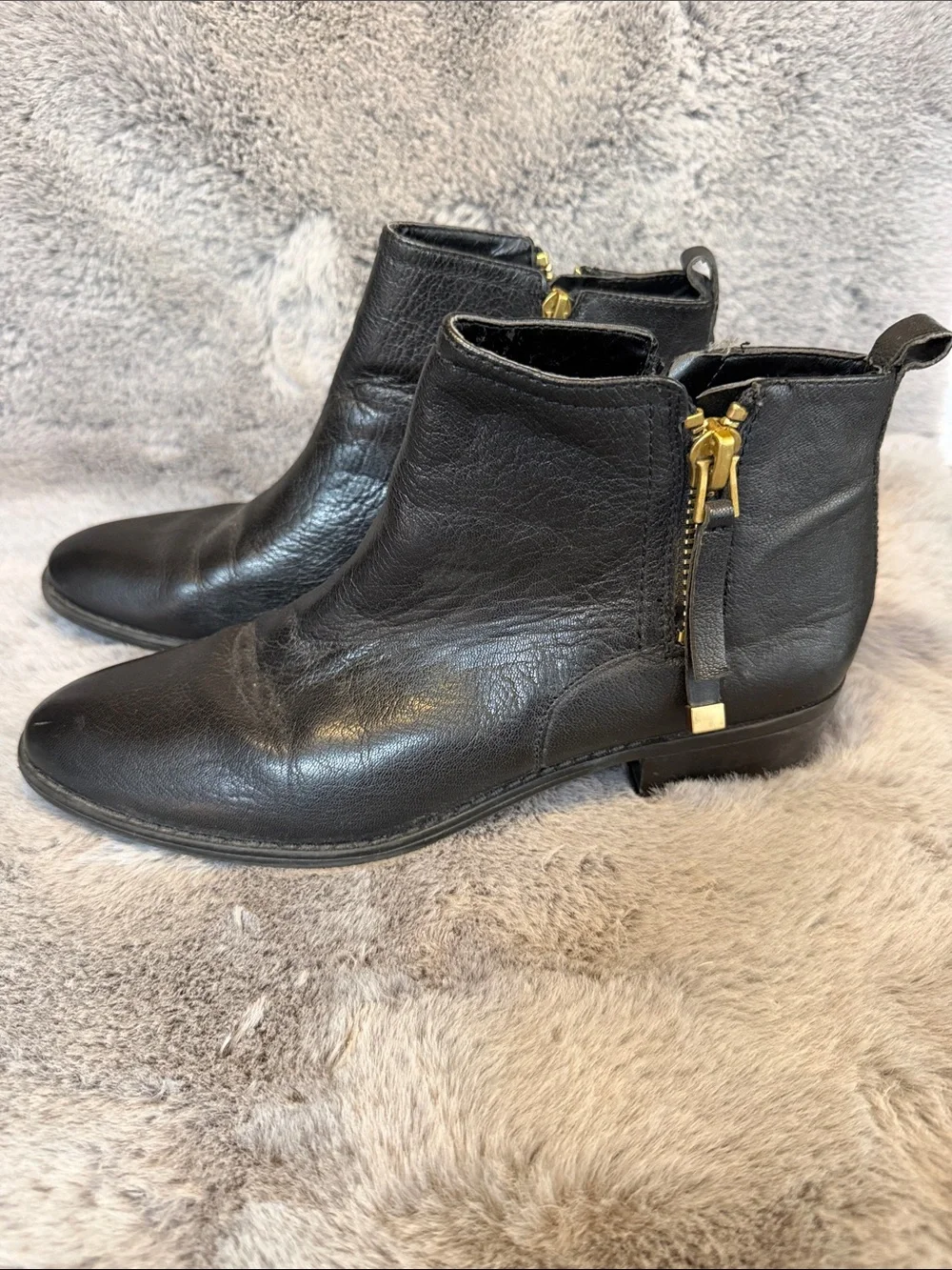 Franco Sarto Black Leather Chukka Boots with Gold Zip Accent